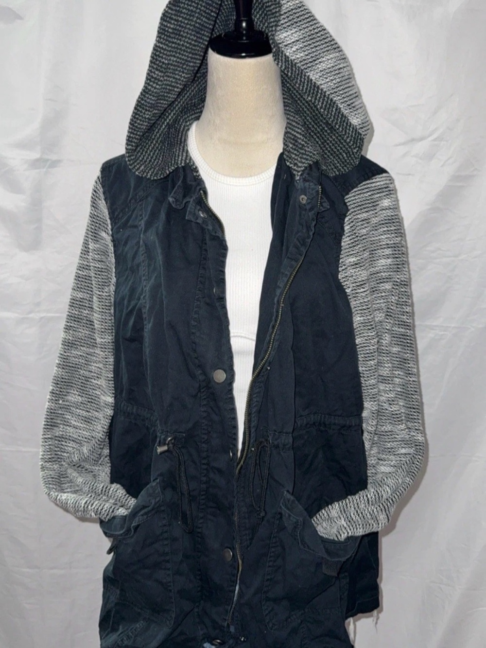 torrid Black Body Utility Jacket with Gray Knit Hood & Sleeves